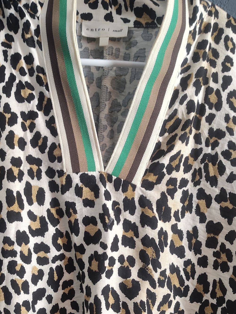 Entro Leopard Print Dolman Sleeve Top with Striped Green and Tan Trim - Picture 3 of 7